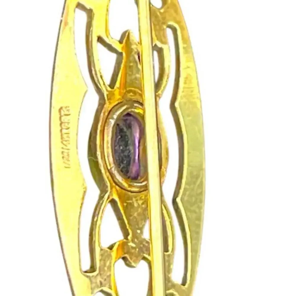 Antique Art Deco 14K 1/20 GF Ornate Mini Bar Brooch Pin+ Paste Amethyst 1.5x.5 - Picture 2 of 9